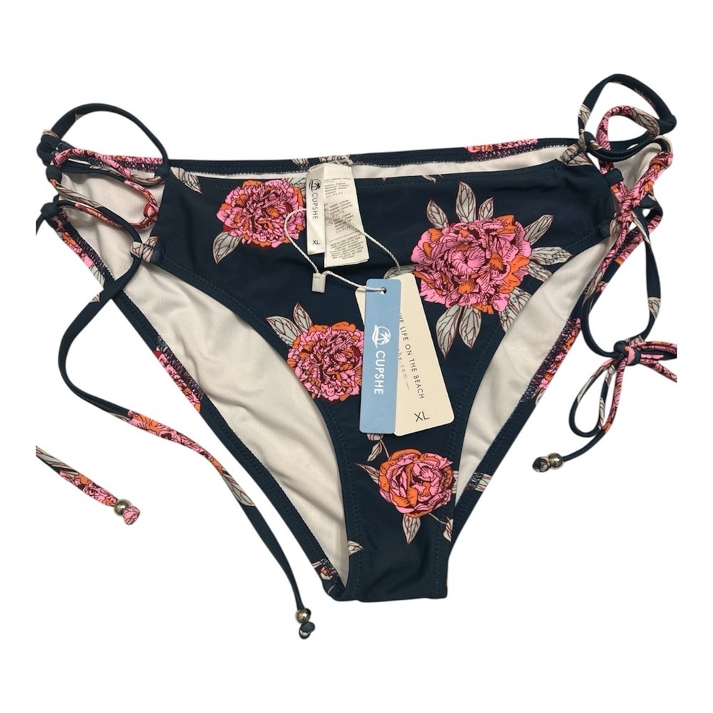 Cupshe Women Navy Floral Bikini Bottom Size Extra Large